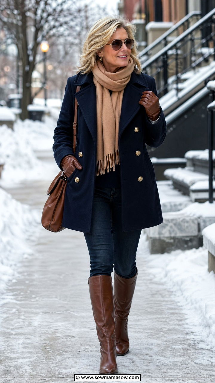 Navy peacoat with a cashmere scarf and jeans - 35 Classy outfit ideas for women over 40
