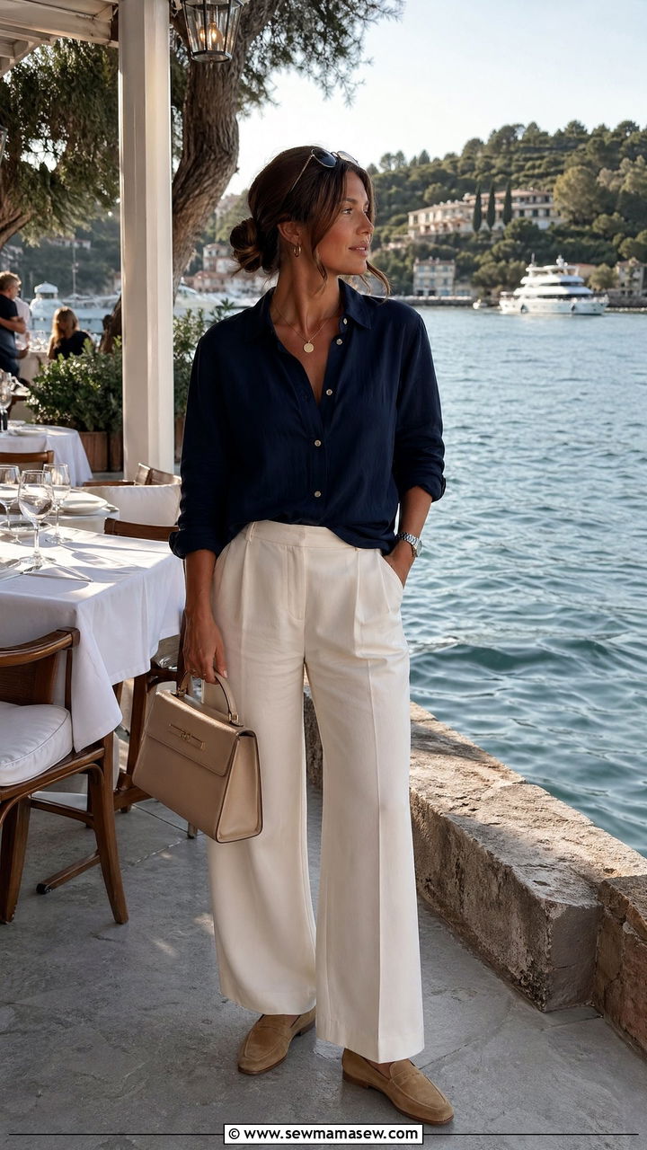 Navy shirt with cream wide leg trousers - 35 casual old money outfits