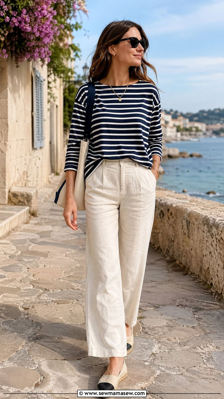 Navy striped tee and linen trousers - 35 spring simple outfit ideas