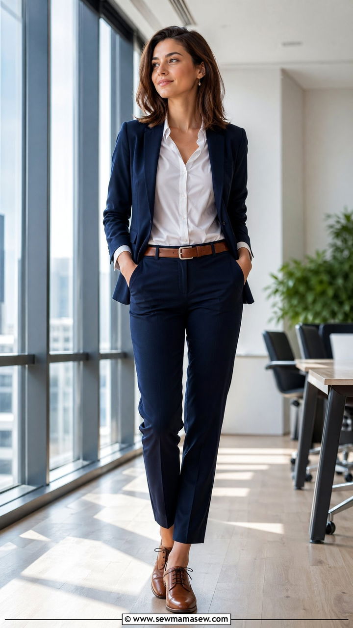 Navy suit with a white cotton shirt and brown oxfords - 35 Summer business casual outfits for women