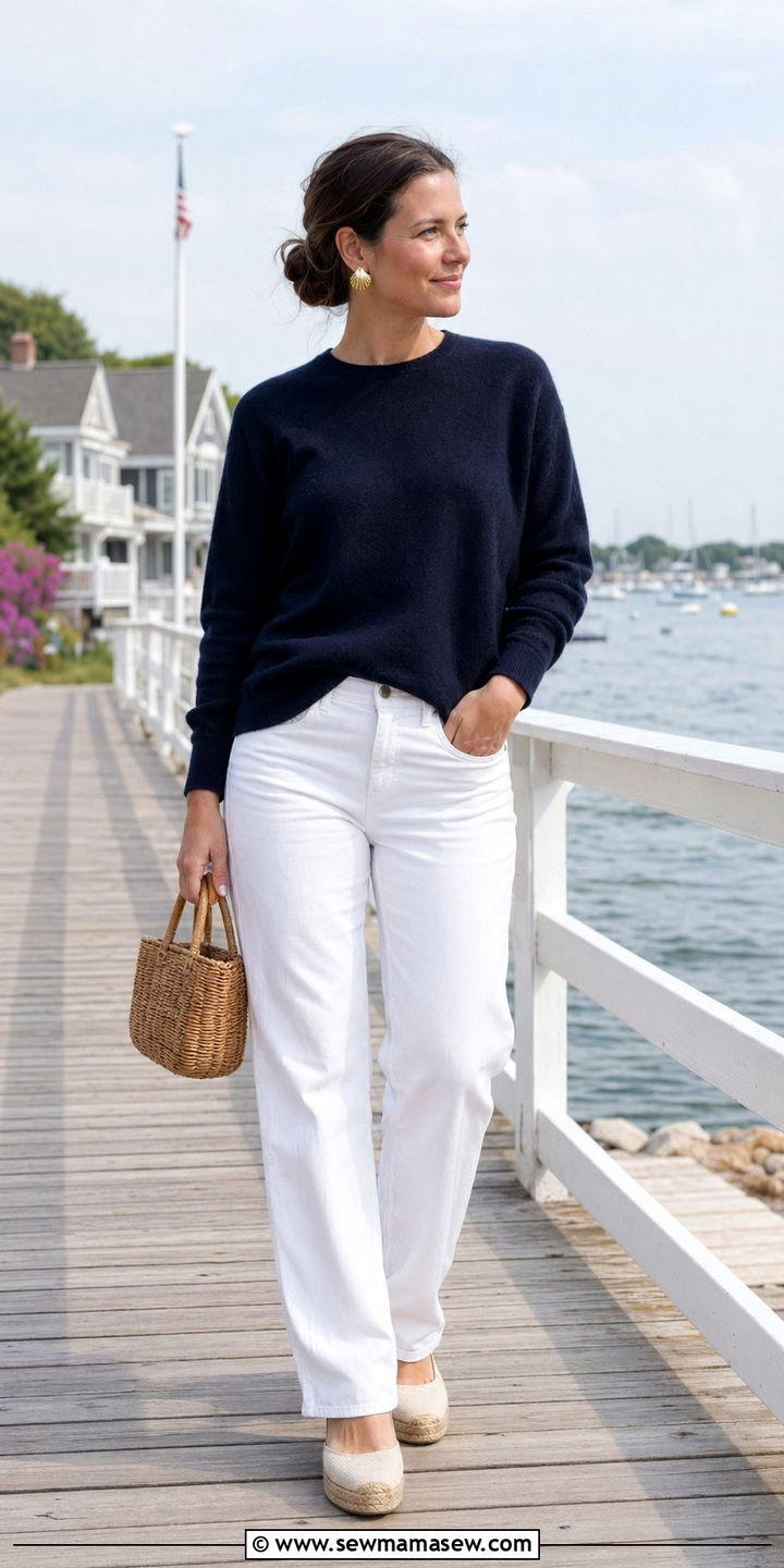 Navy sweater and white jeans coastal outfit - 35 quiet luxury outfits for women
