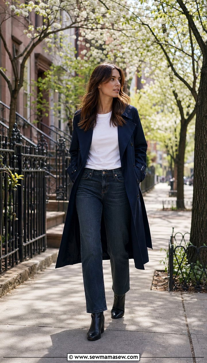 Navy trench coat and dark denim - 35 Moody spring outfit ideas