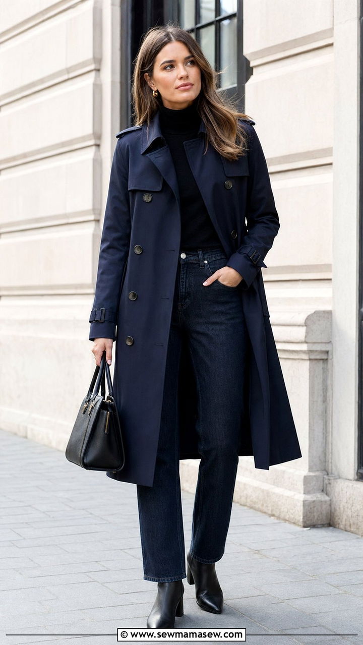 Navy trench coat with black turtleneck and straight denim outfit - 35 Quiet luxury outfit ideas
