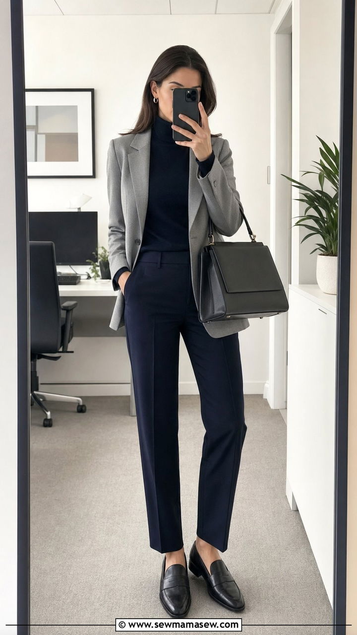 Navy turtleneck with navy trousers and grey blazer - 35 Quiet luxury outfit ideas for work
