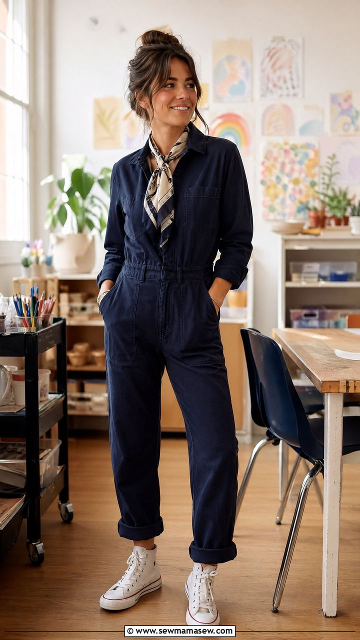 Navy utility jumpsuit with canvas shoes - 35 Teacher outfits for spring