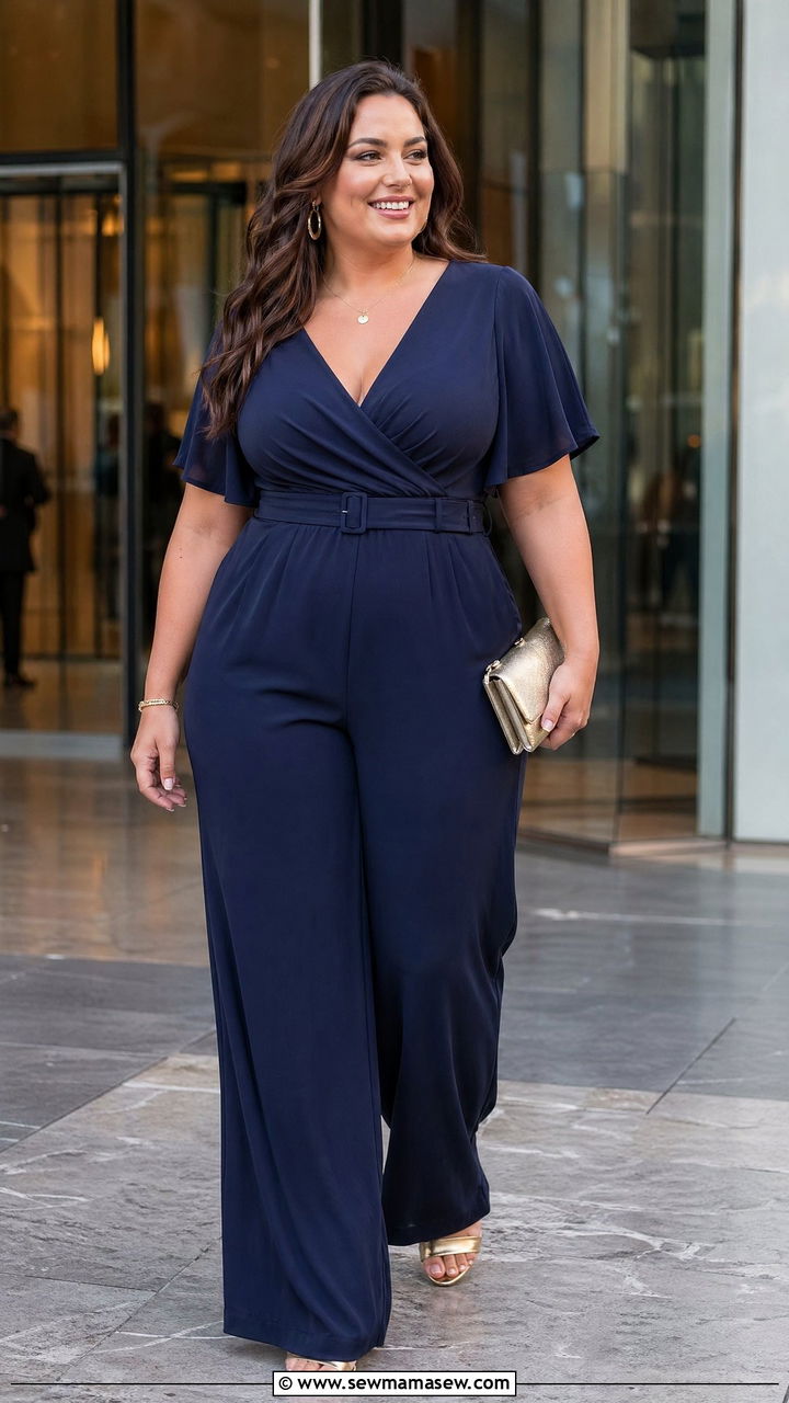 Navy wide leg jumpsuit outfit - 35 Curvy girl wedding guest outfits