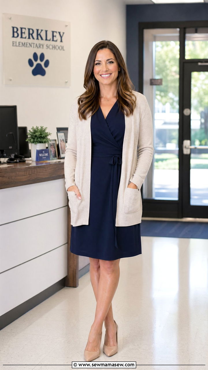 Navy wrap dress with neutral cardigan teacher outfit - 35 spring outfits for teachers
