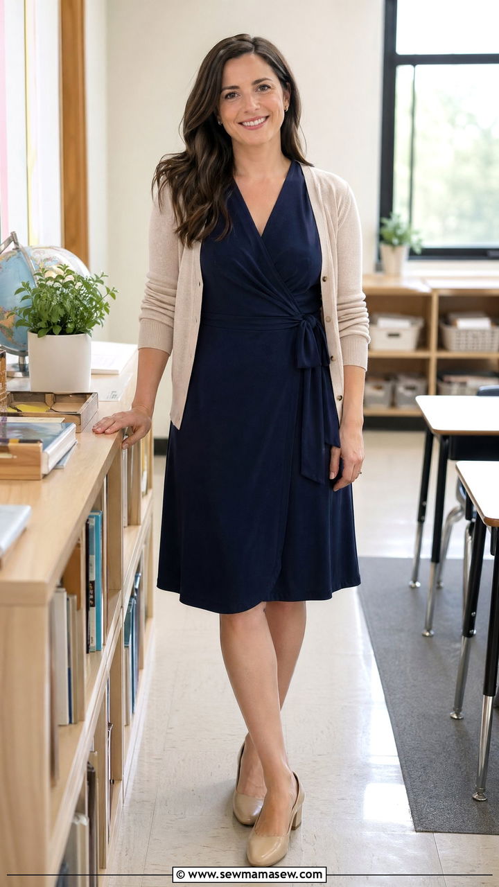 Navy wrap dress with neutral cardigan - 35 Teacher outfits for spring