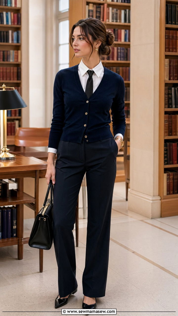 Necktie With Crisp Button Down Cardigan And Tailored Pants - 35 spring street style outfit ideas