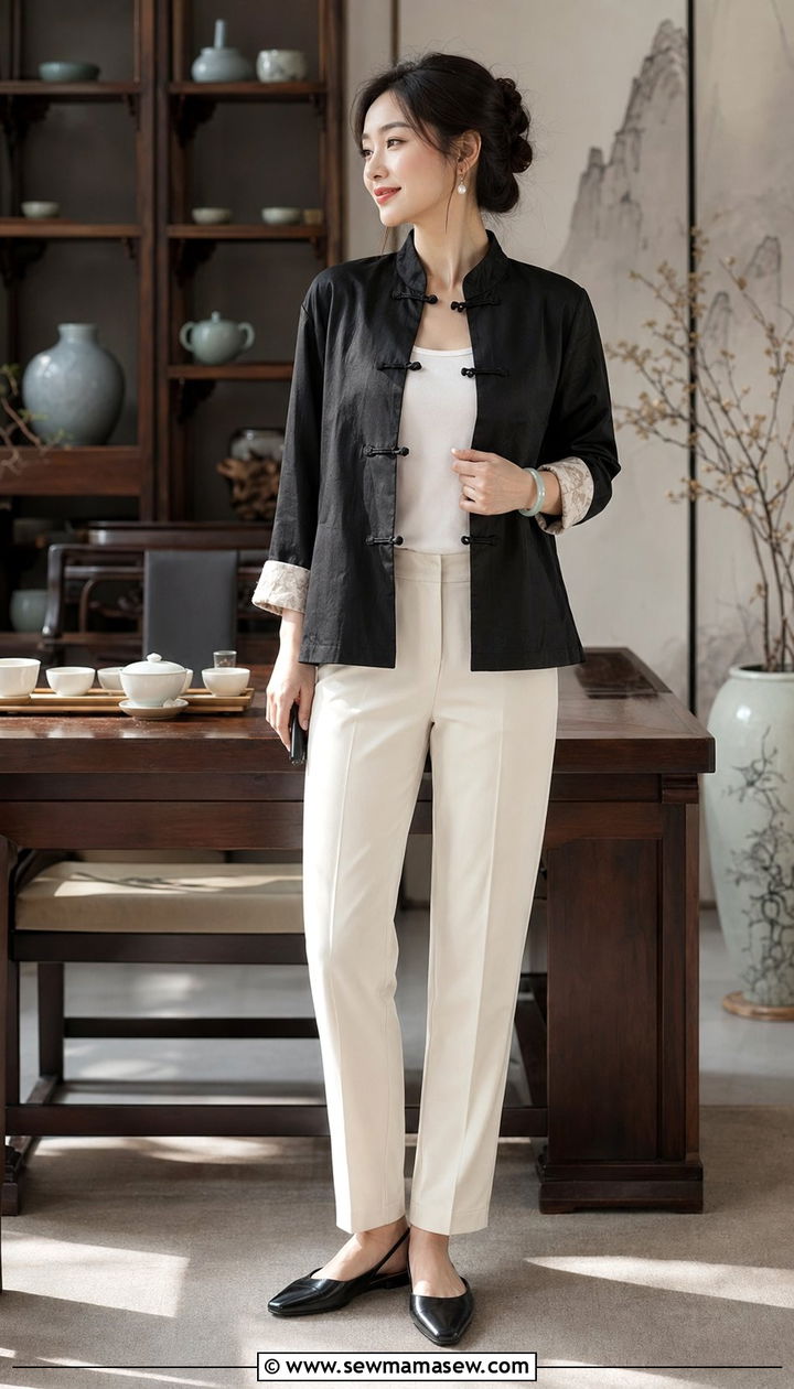 Neo Chinese Frog Closure Jacket With Straight Leg Pants - 30 Aesthetic outfit ideas 2026