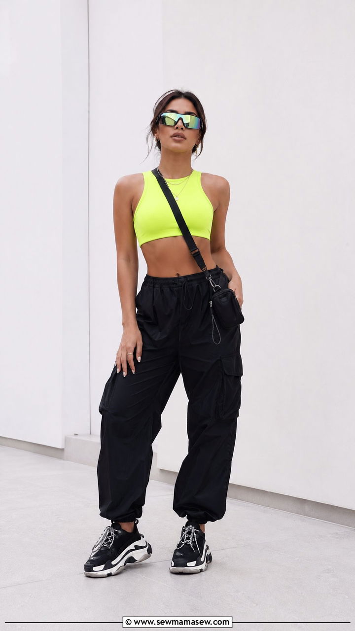 Neon Crop Top with Black Cargo Pants - 35 spring concert outfit ideas