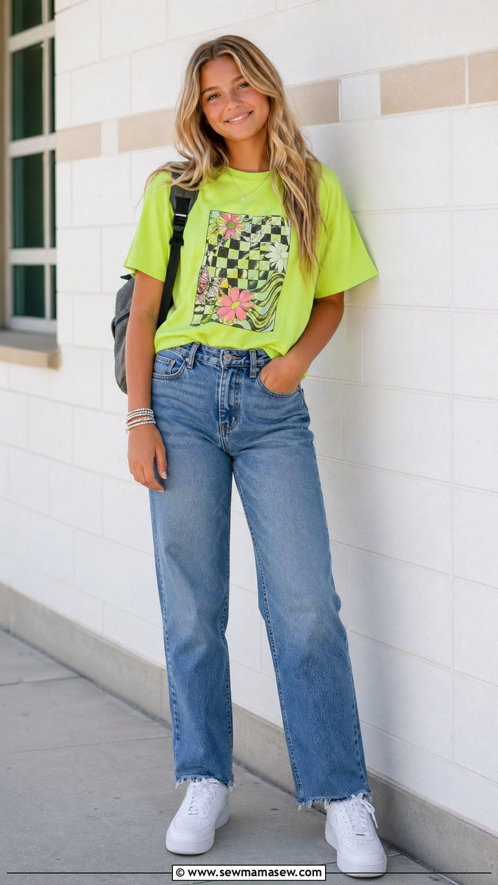 Neon Graphic Tee and Classic Blue Jeans - 35 Summer outfits for high school