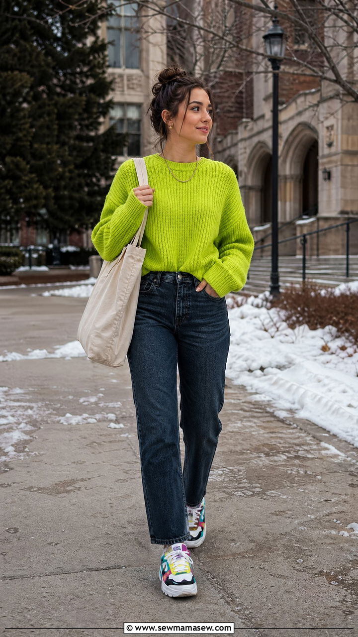 Neon Knit With Dark Denim and Statement Sneakers - 35 college outfits 2026