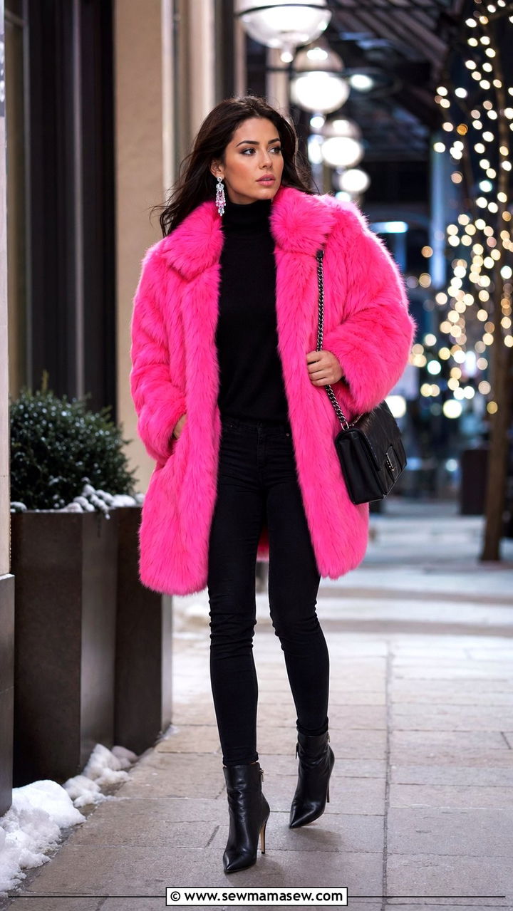 Neon Pink Faux Fur Coat With All Black Outfit And Heeled Boots - 35 Neon outfit ideas