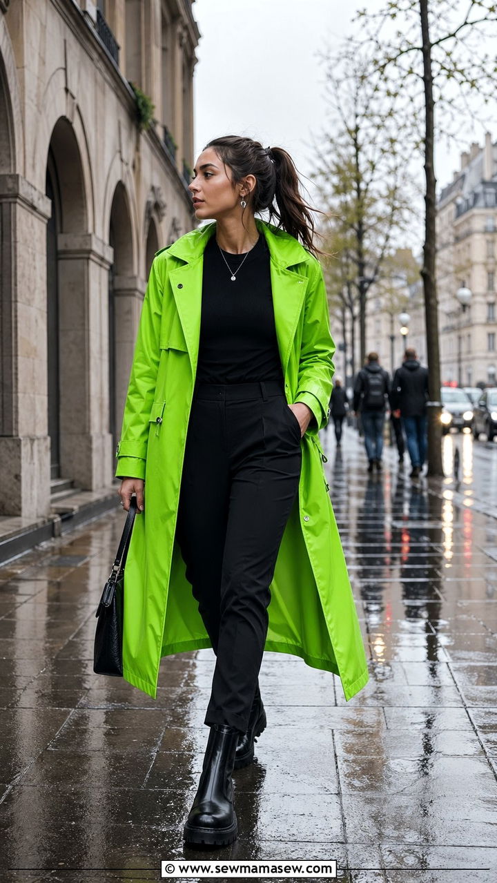 Neon Raincoat With All Black Base Outfit - 35 Rainy spring outfits