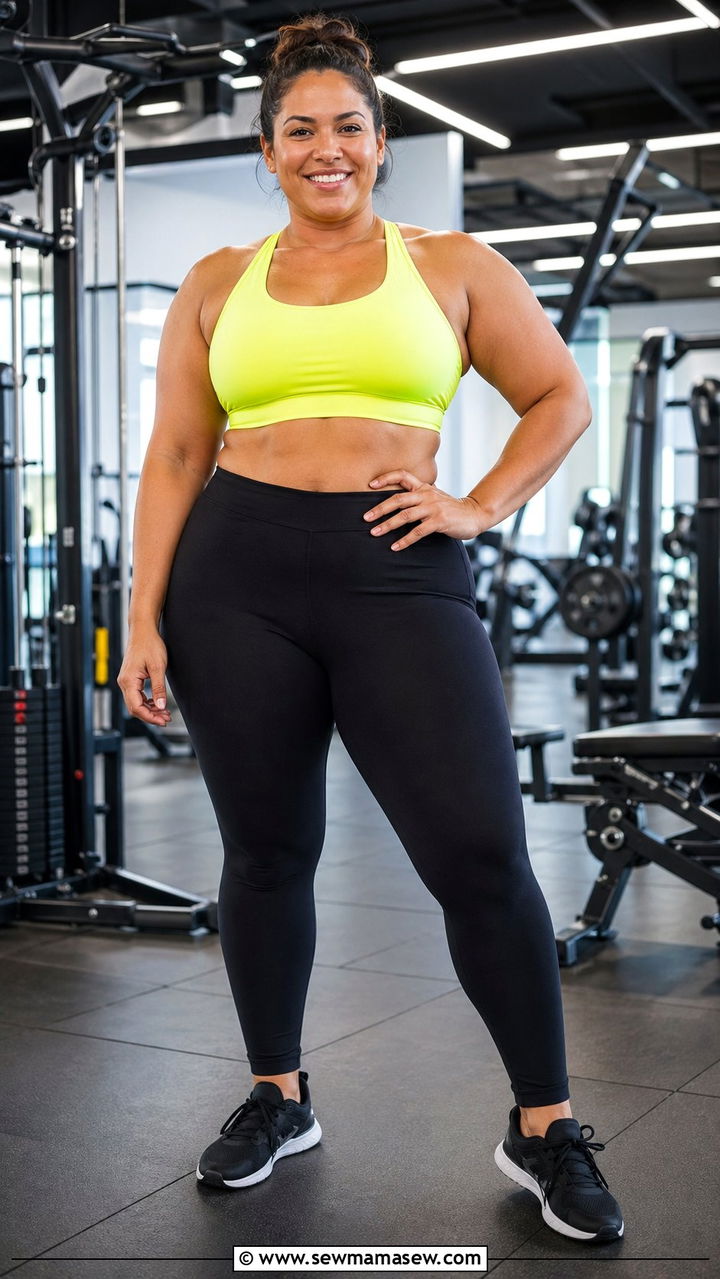 Neon Sports Bra with Black Compression Leggings - 35 Plus size workout outfits