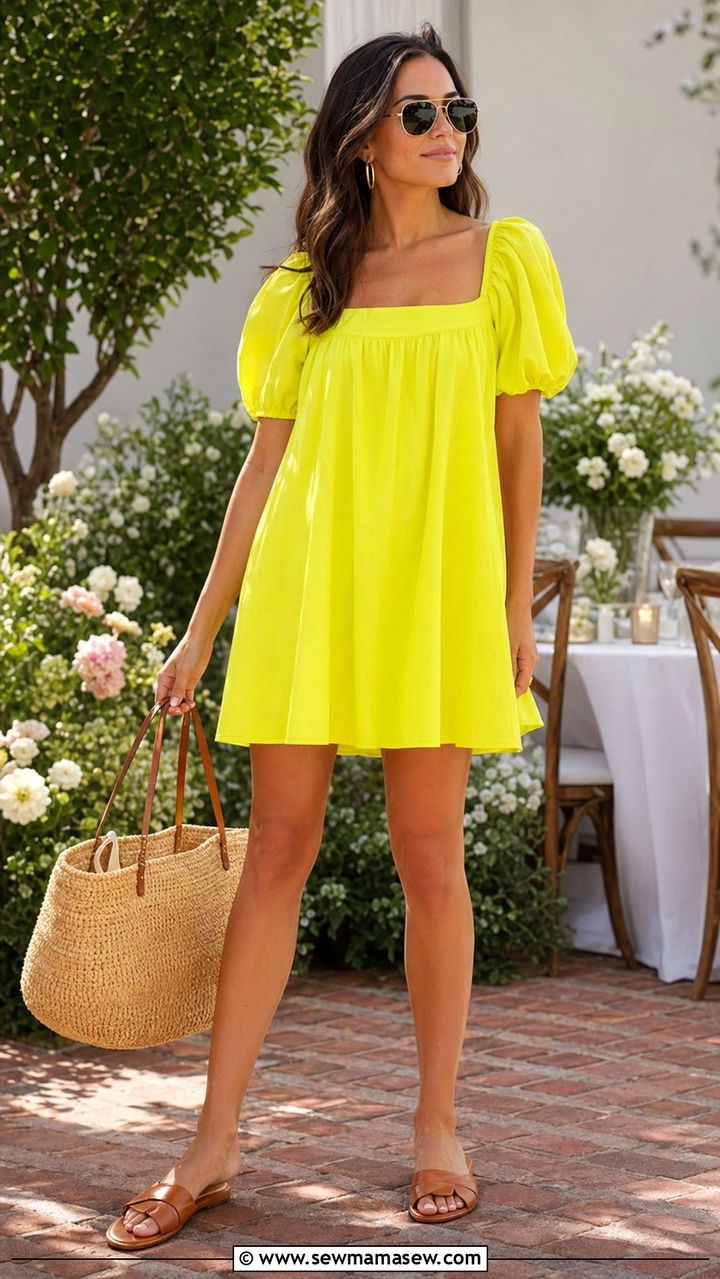 Neon Yellow Sundress With Woven Bag And Flat Slides - 35 Neon outfit ideas