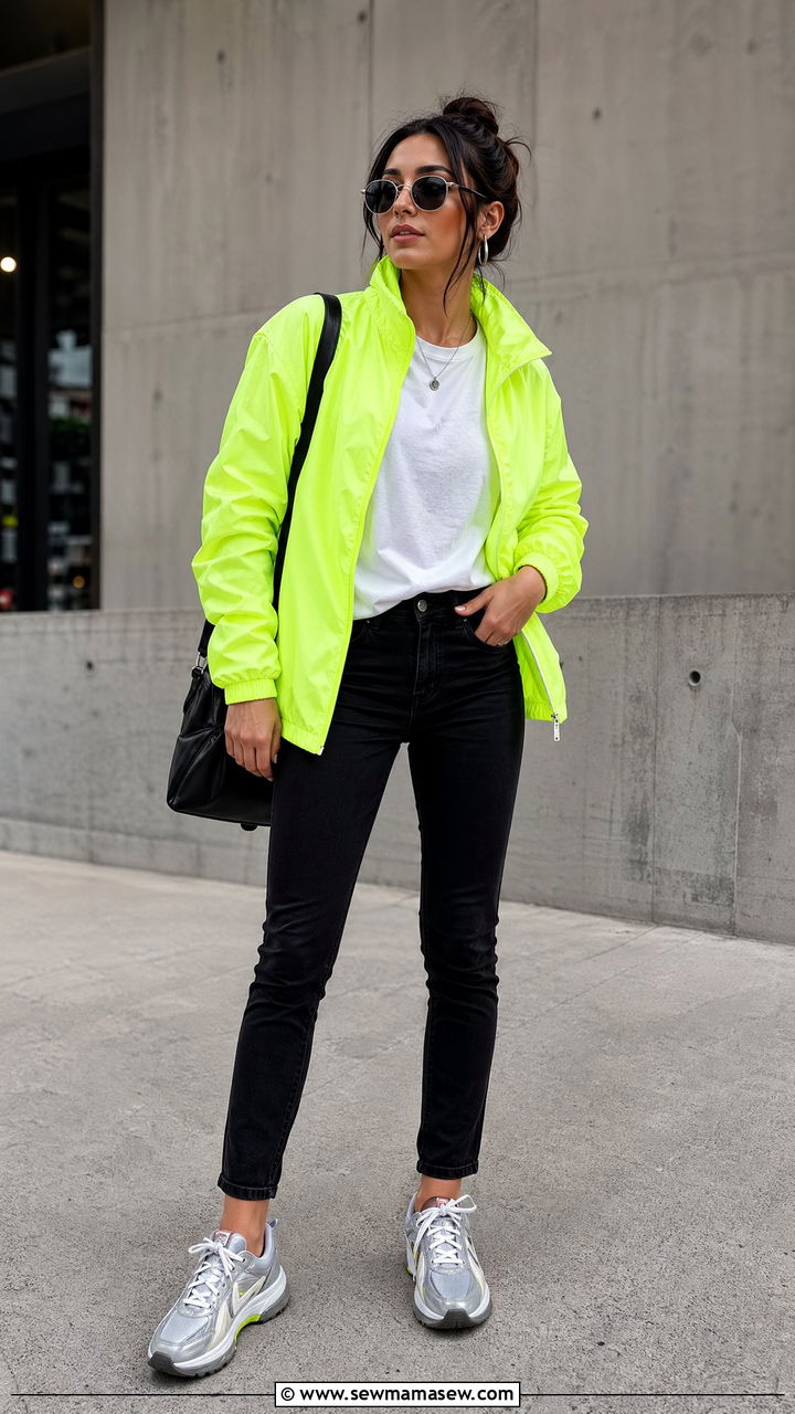 Neon windbreaker outfit with black jeans - 35 windbreaker outfits for women
