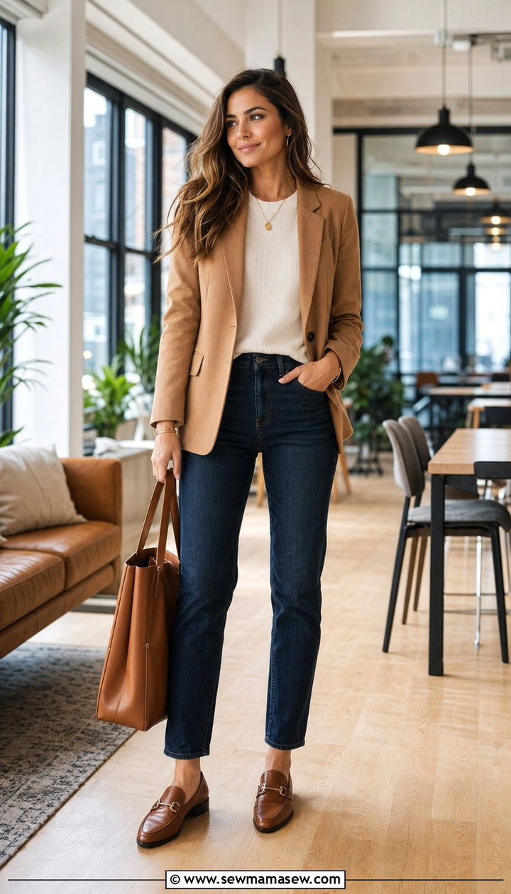 Neutral Blazer and Dark Wash Slim Denim for Work - 35 Quiet luxury work outfits