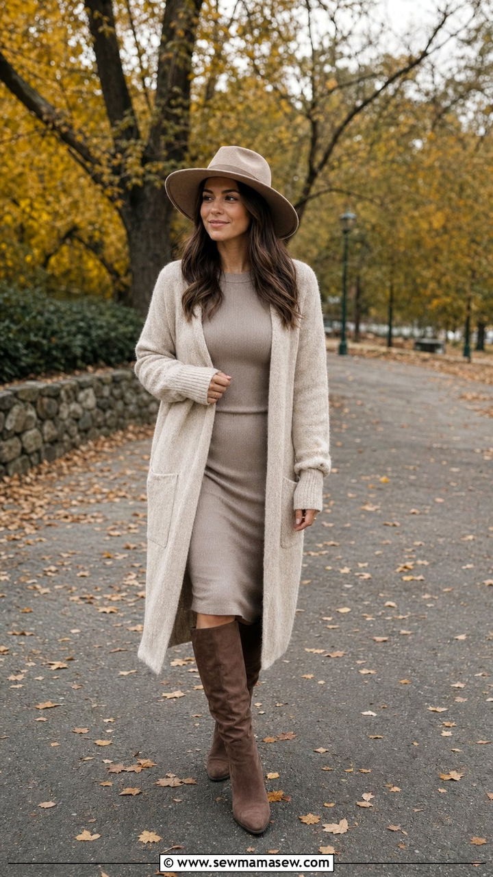 Neutral Cardigan Layered Over Midi Dress Outfit - 35 modest outfit ideas for women