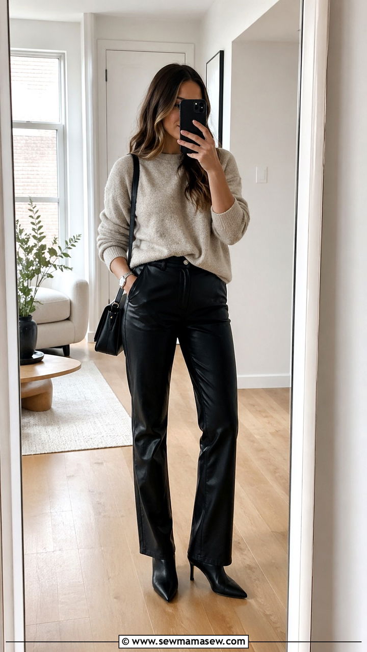Neutral Fine Knit Sweater And Leather Trousers - 30 Spring capsule wardrobe minimalist