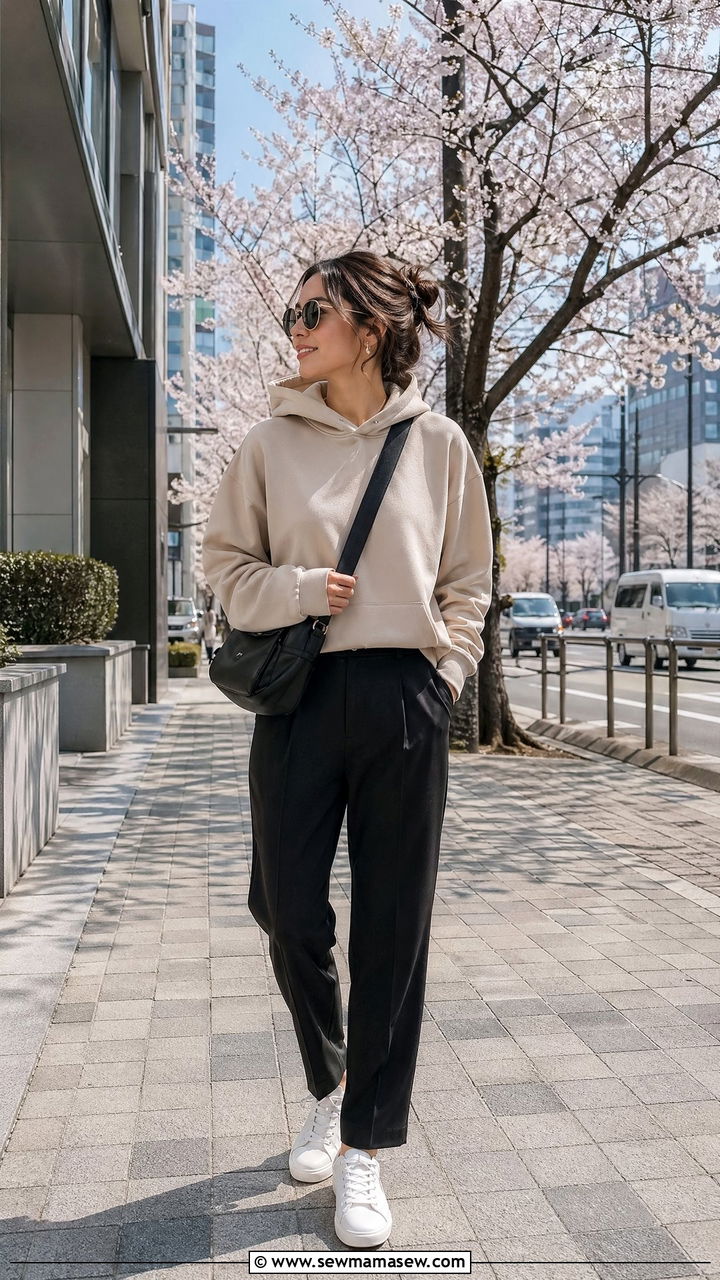 Neutral Hoodie And Tailored Trousers Outfit Spring Japan - 35 Spring Japan outfit ideas