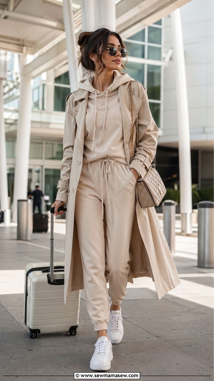 Neutral Jogger Set With a Light Trench - 35 spring airport outfit ideas