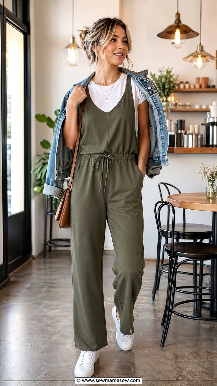 Neutral Jumpsuit Layered Over White Tee - 35 cute outfits ideas