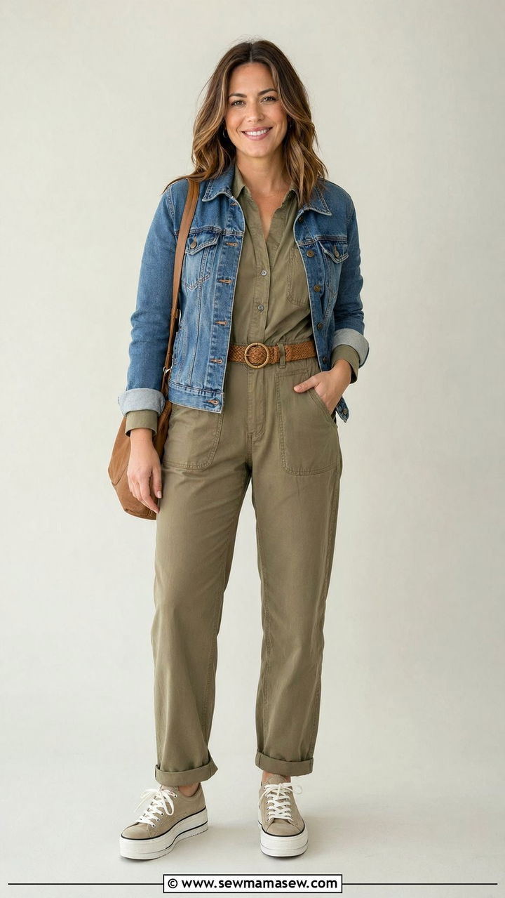 Neutral Jumpsuit With Denim Jacket - 30 Back to school outfit ideas modest 2026