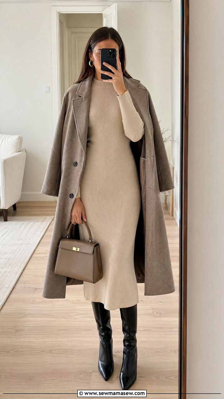 Neutral Knit Dress With Knee High Boots - 35 Clean girl outfit ideas 2026