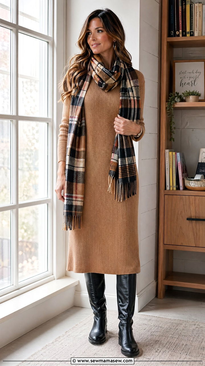 Neutral Knit Dress with Patterned Scarf and Knee High Boots - 35 teacher outfit ideas for women