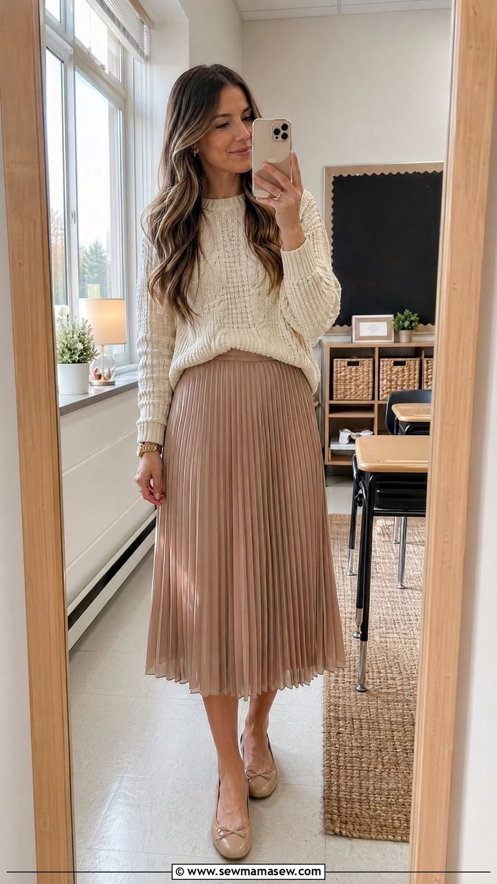 Neutral Knit Sweater With Flowy Midi Skirt and Ballet Flats - 35 teacher outfits for women