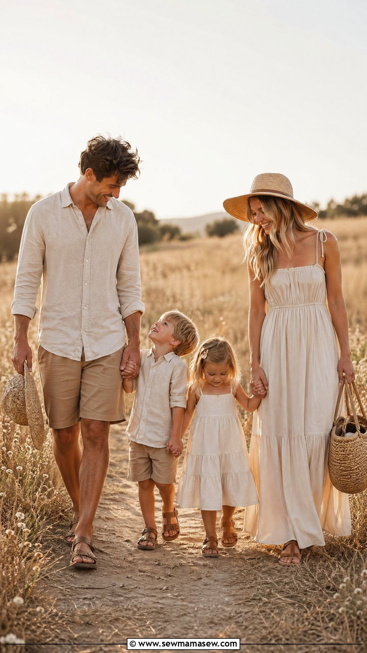 Neutral Linen and Cream Outfits for Outdoor Photos - 35 summer family photo outfit ideas
