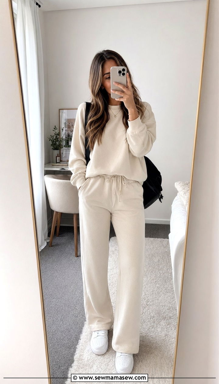 Neutral Lounge Set with Wide Leg Joggers - 35 school outfits 2026