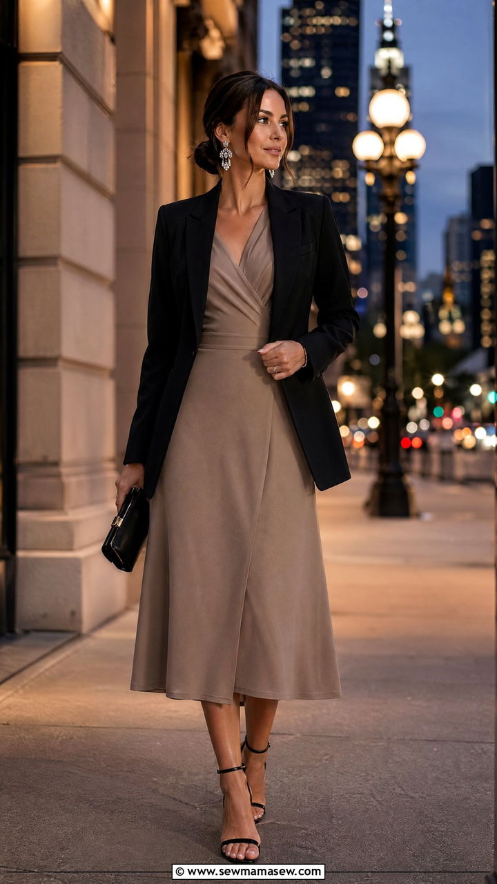 Neutral Midi Dress and Black Tailored Blazer - 35 spring business casual outfit ideas