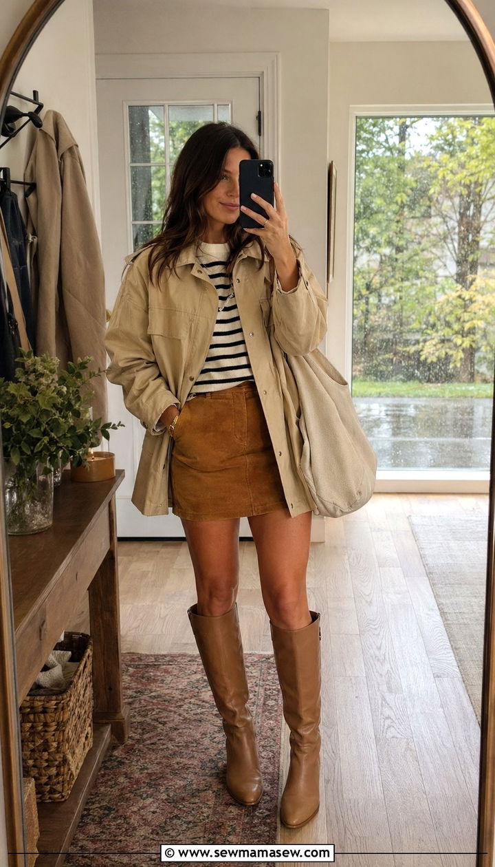Neutral Mini Skirt With Tall Boots Outfit - 35 Rainy spring outfits