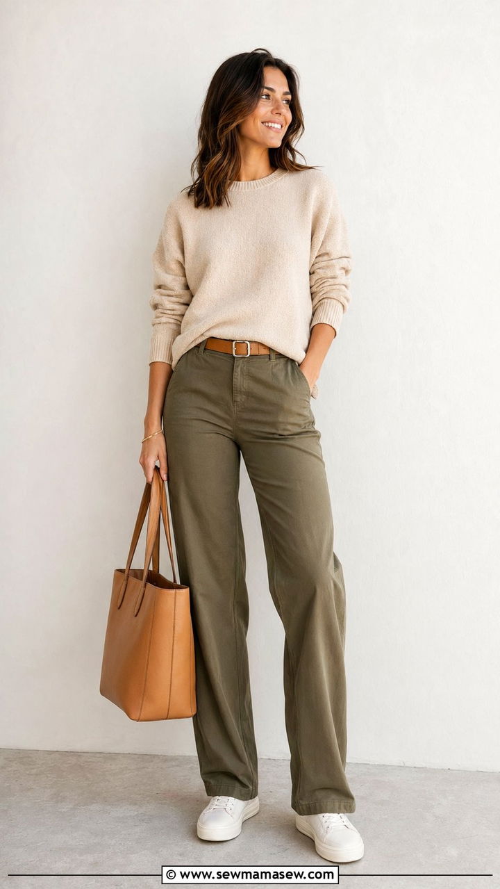 Neutral Sweater and Relaxed Trousers - 30 40 degree weather outfits