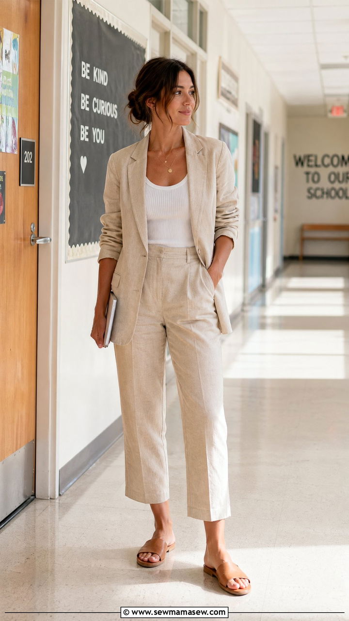 Neutral Tank with Linen Blazer and Cropped Trousers - 35 teacher outfit ideas for women