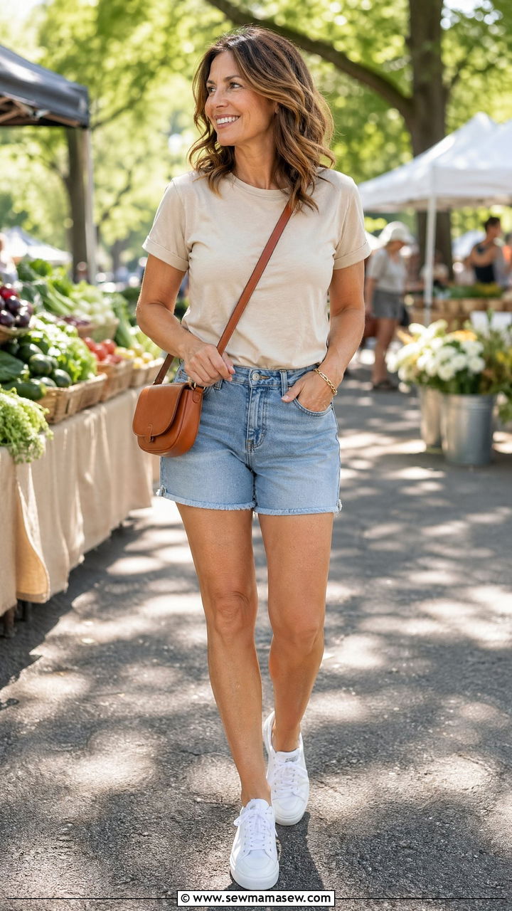 Neutral Tee And Denim Shorts Summer Look - 35 Summer capsule wardrobe for women over 40