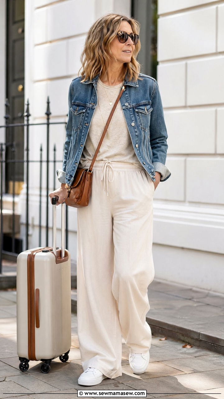 Neutral Tee with Wide Leg Pants and Denim Jacket - 35 Travel outfits for women over 40