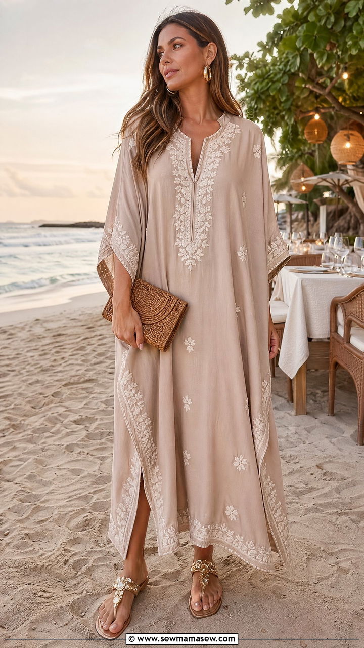 Neutral caftan with embellished flat sandals and gold hoop earrings - 35 Coastal grandmother outfit ideas