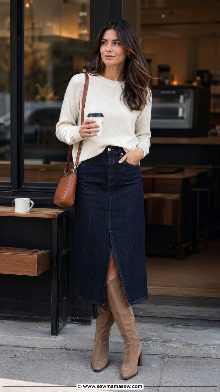 Neutral cashmere sweater with dark denim midi skirt - 35 Sweater skirt outfit ideas