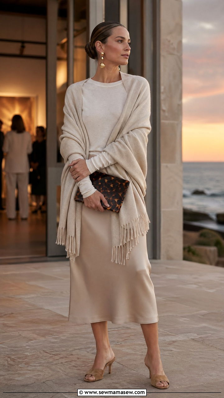 Neutral cashmere wrap and flowing midi skirt coastal grandmother outfit - 35 coastal grandmother outfits ideas