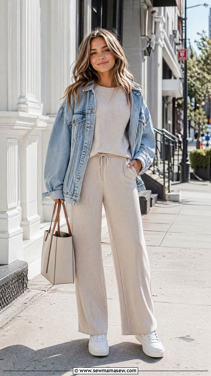 Neutral co ord set with an oversized denim jacket and platform sneakers - 35 Spring outfits for teenage girls