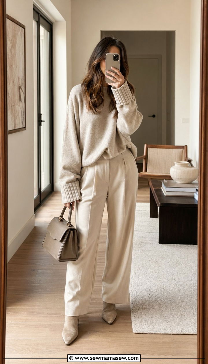 Neutral head to toe monochrome outfit - 35 Rich mom outfit ideas