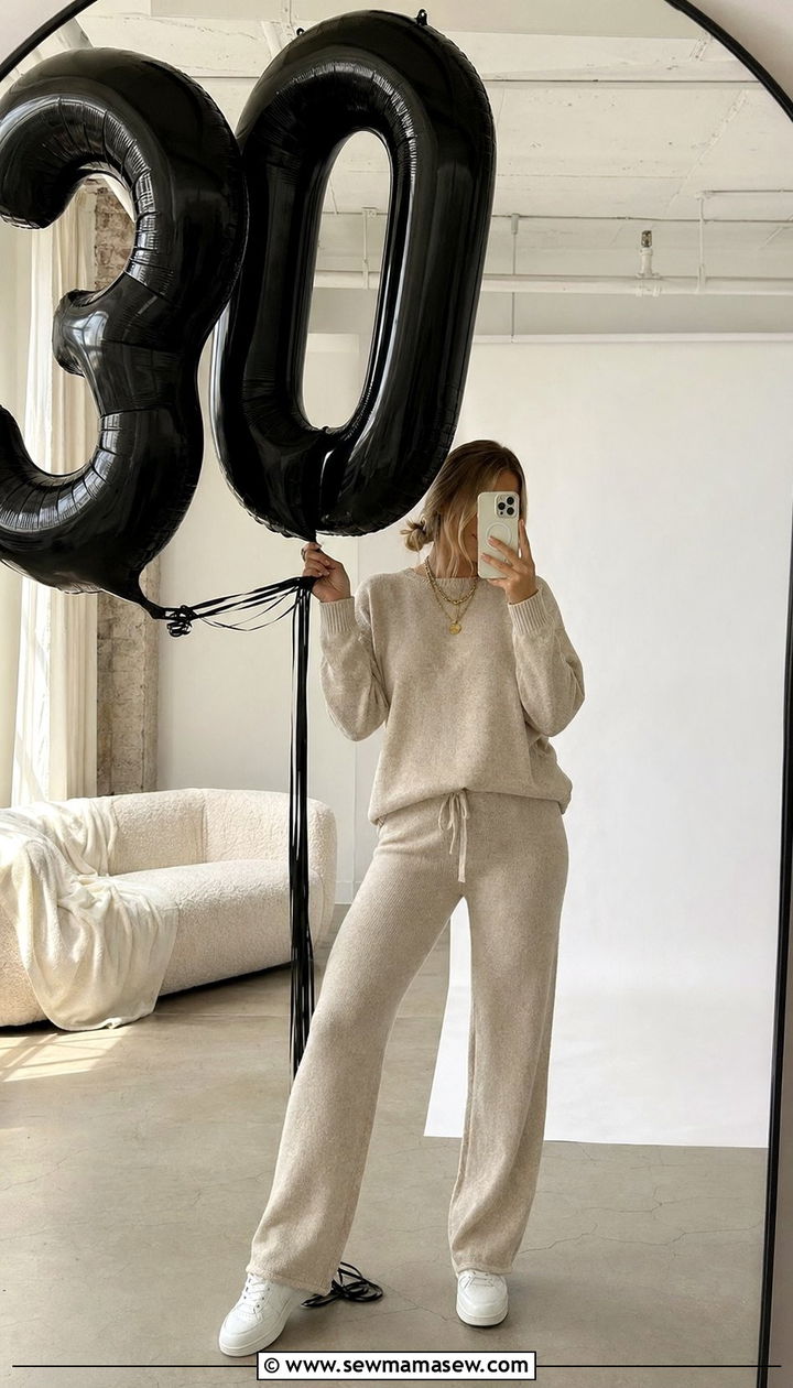 Neutral knit lounge set with oversized balloons - 30 Birthday photoshoot outfit ideas