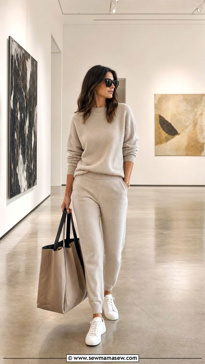 Neutral knit set and white sneakers - 35 Museum visit outfit ideas