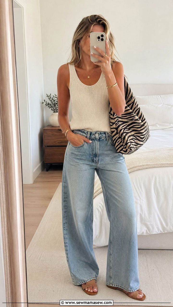 Neutral knit tank with wide leg light wash jeans - 35 Summer outfits for 30 year old woman