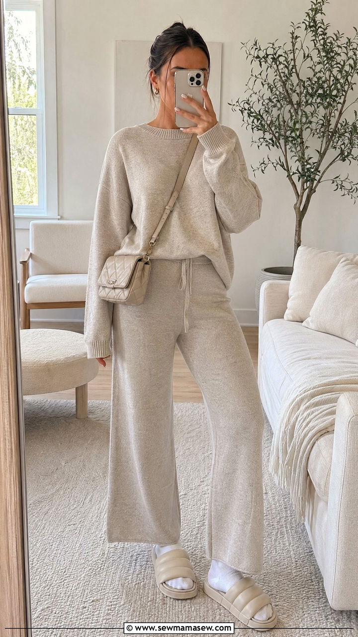Neutral matching lounge set outfit - 35 Clean girl aesthetic outfit ideas