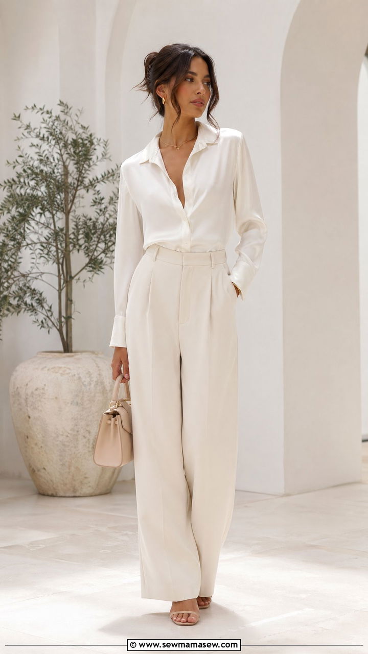 Neutral monochrome wide leg trousers outfit - 35 spring simple outfit ideas